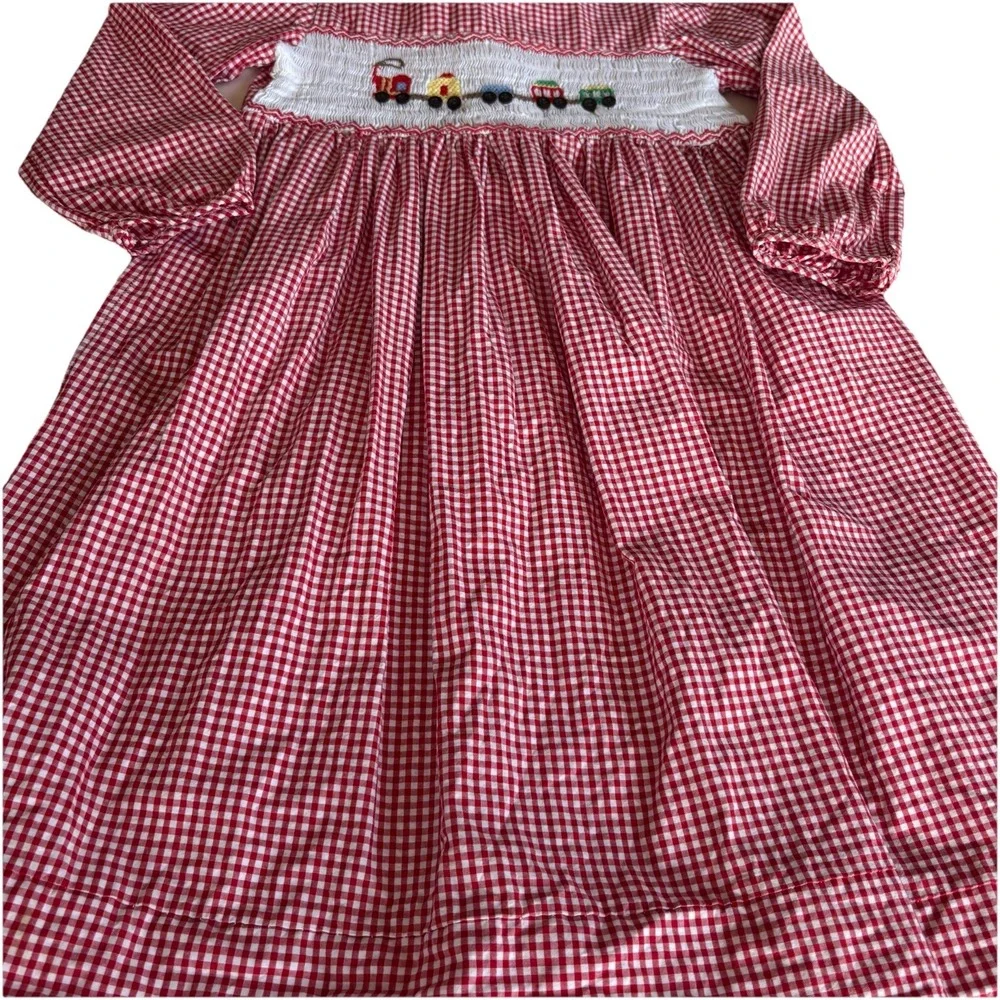 Fantaisie Kids Smocked Embroidered Train Dress Girls 4 Red White Gingham Holiday